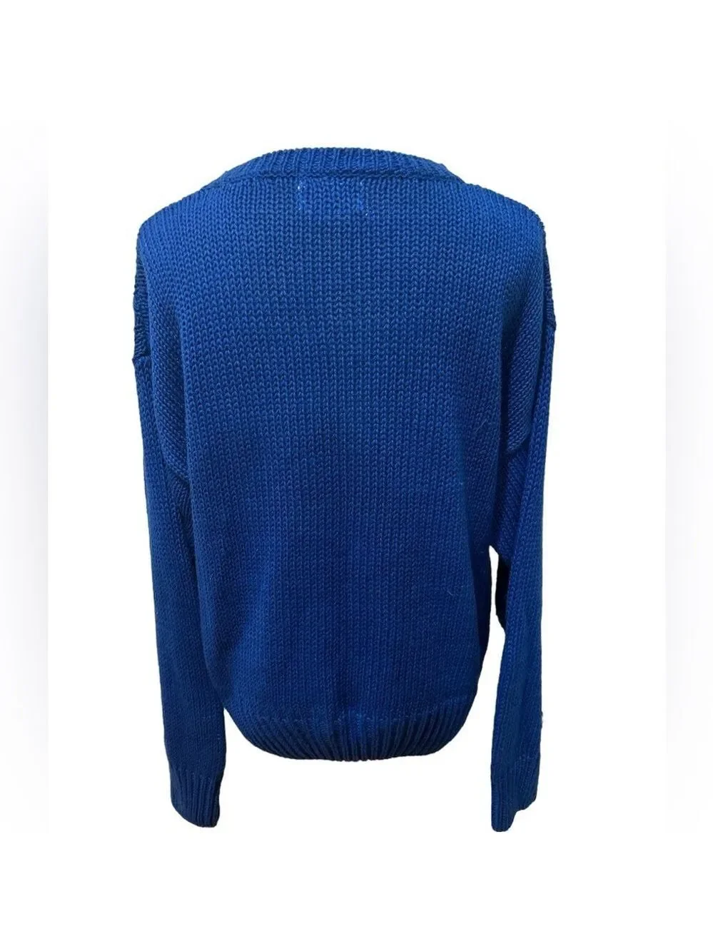 80s BLUE COTTON HAND KNIT DROP SHOULDERS & DOLMAN SLEEVES CABLE KNIT WINDCREST L
